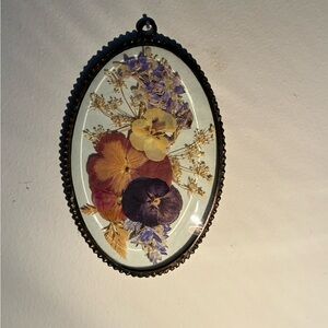Vintage Brass & Pressed Flower Oval Wall Art